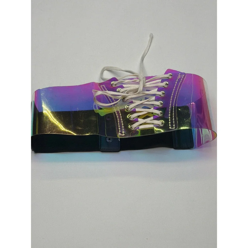 Holographic Iridescent Lace Up Wide Elastic Belt Corset Waist Cincher